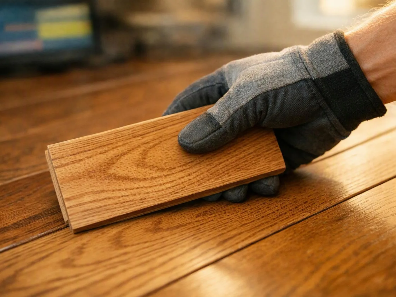 A gloved hand holds a small wood sample over a polished wooden floorboard sample