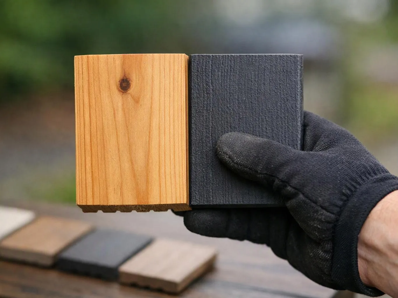 A gloved hand holds two small wooden sample boards, one natural and one dark stained