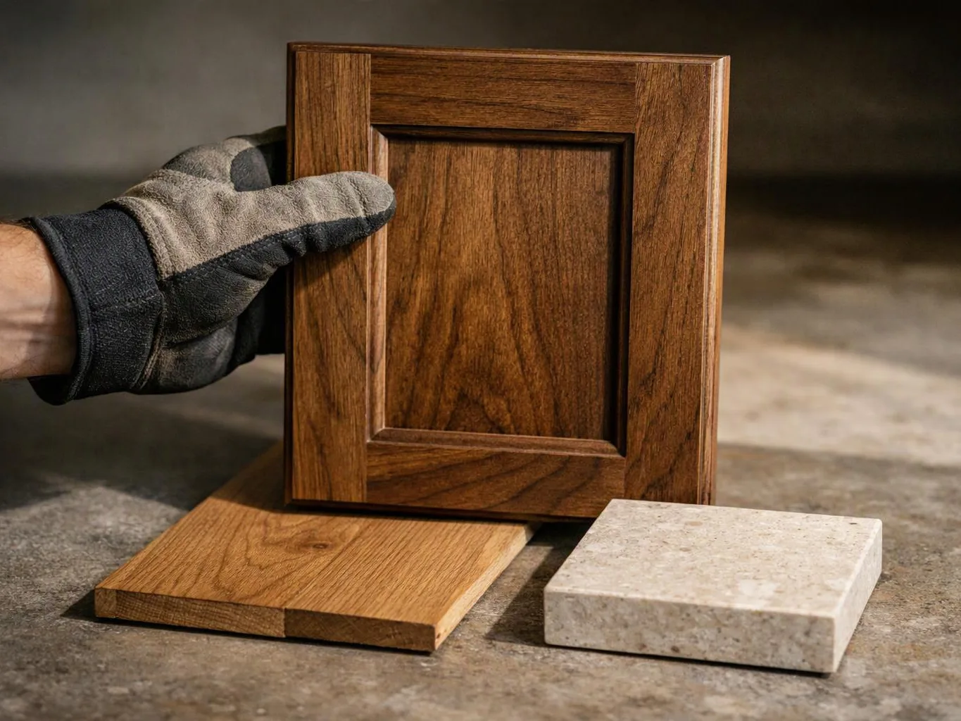 A gloved hand holds up a dark wood cabinet door beside wood and stone sample tiles