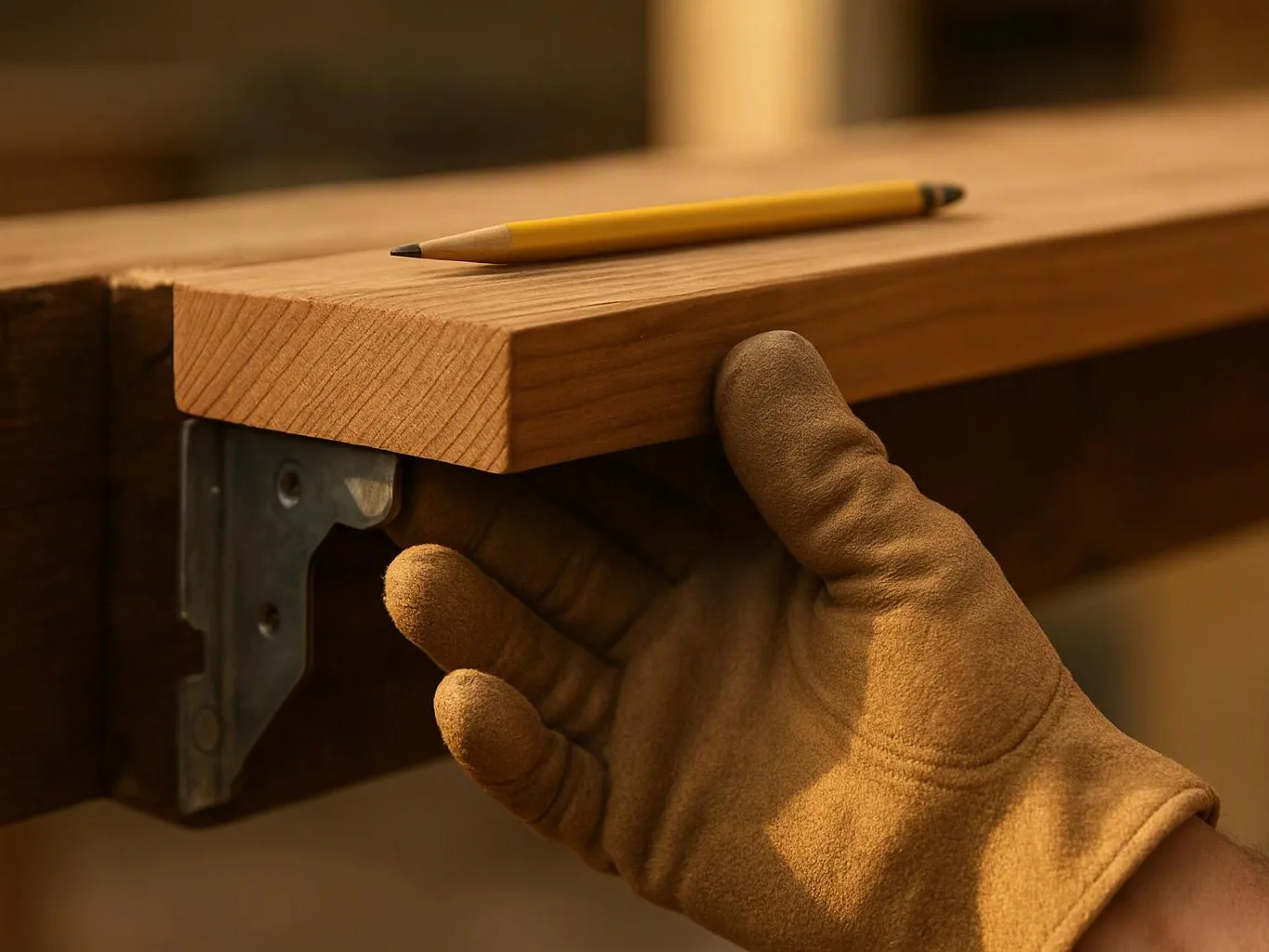 A gloved hand holds up a wooden shelf with a pencil resting on top in warm light