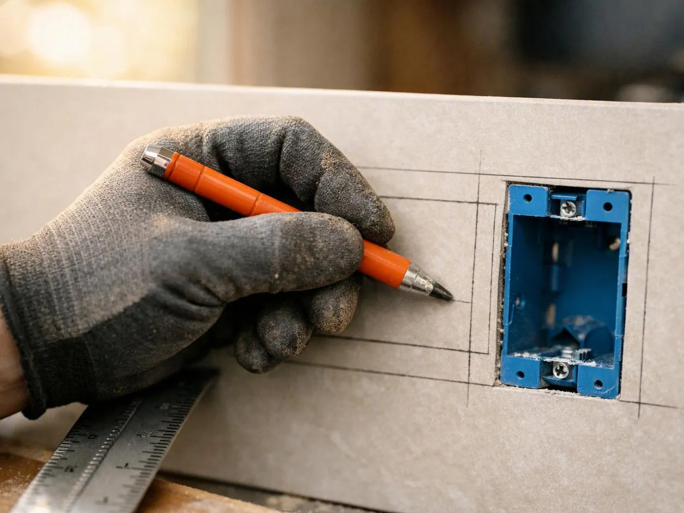 A gloved hand marks a wall cutout with an orange pencil beside a blue electrical box