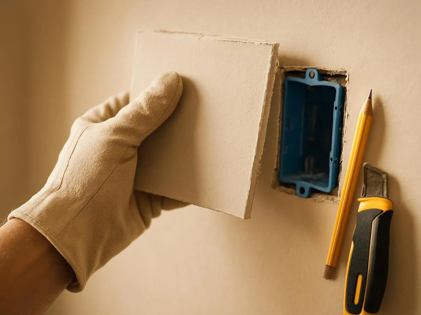 A gloved hand positions a wall patch beside a blue electrical box, with a pencil and utility knife nearby