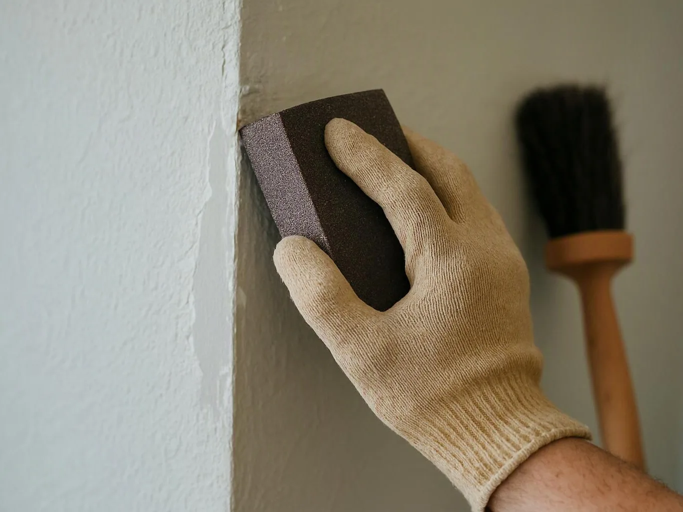 A gloved hand sands a wall corner with a sanding block, and a brush stands in the background