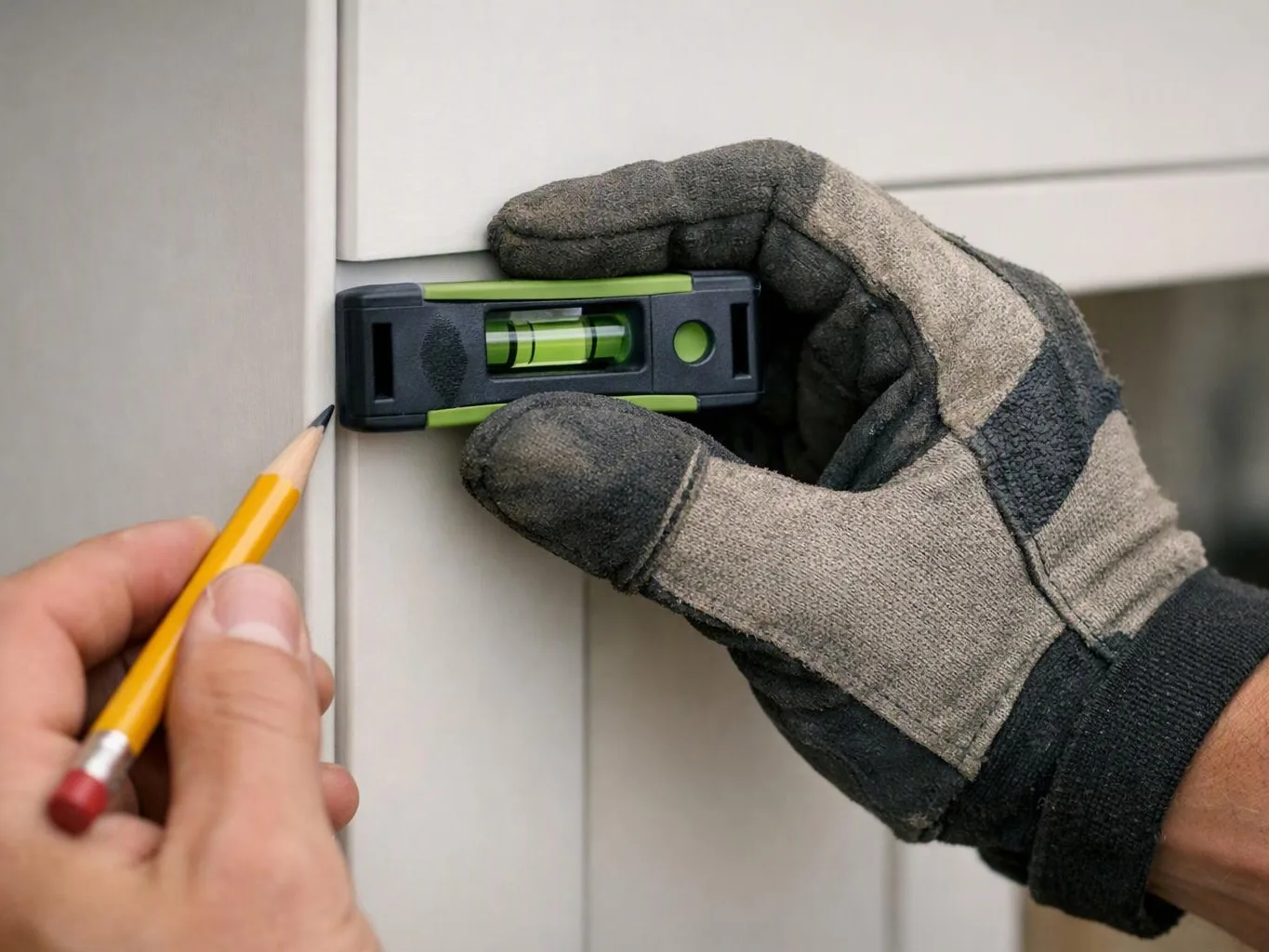 Gloved hands hold a spirit level and pencil against a white cabinet edge while marking alignment