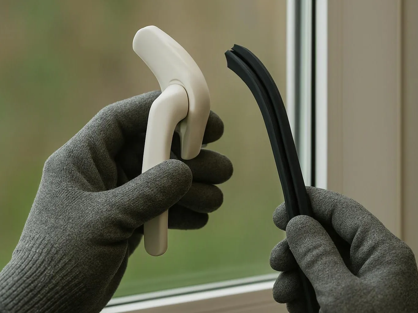 Gloved hands hold two curved plastic window handles, one white and one black, beside a window frame