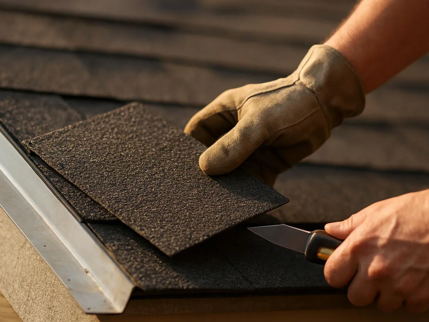 Gloved hands place a shingle and hold a utility knife on a sloped roof edge