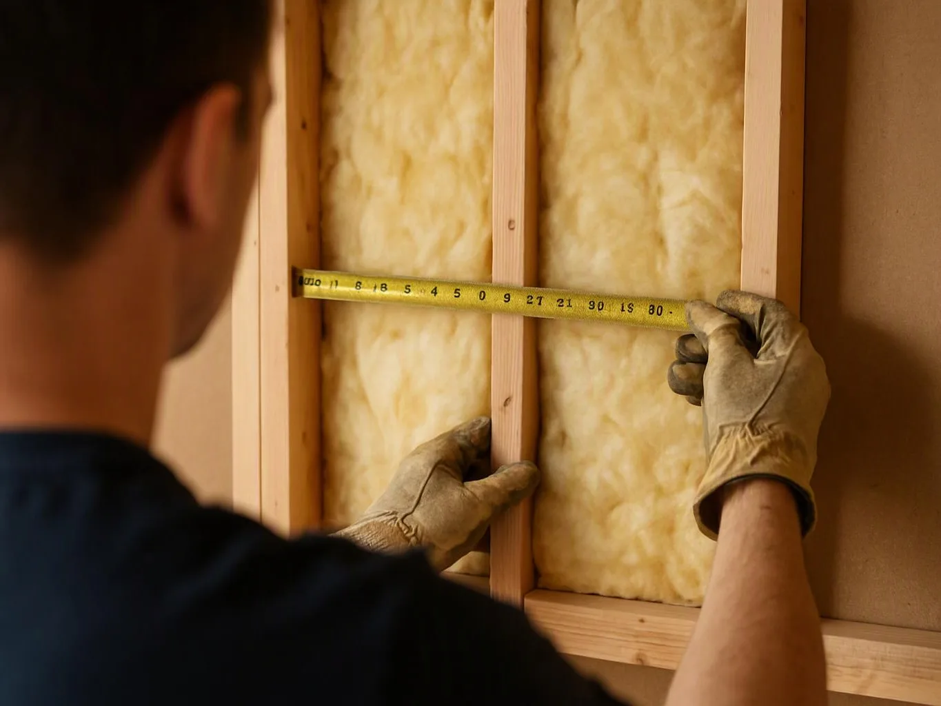 A gloved worker measures insulation between wooden wall studs with a yellow tape measure