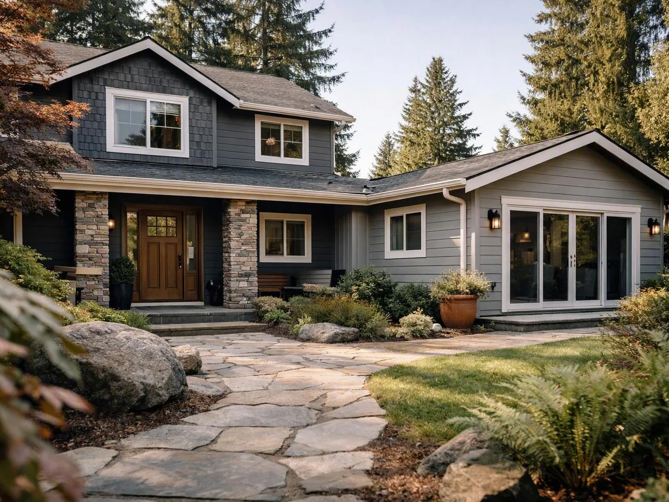 A gray house with stone columns, a front porch, and large windows sits beside a flagstone path and trees