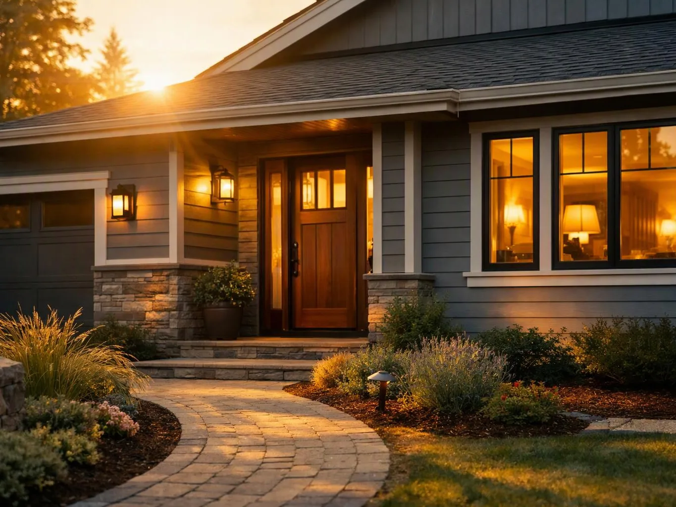 A gray house with warm porch lights faces a curved stone path and landscaped front yard at sunset