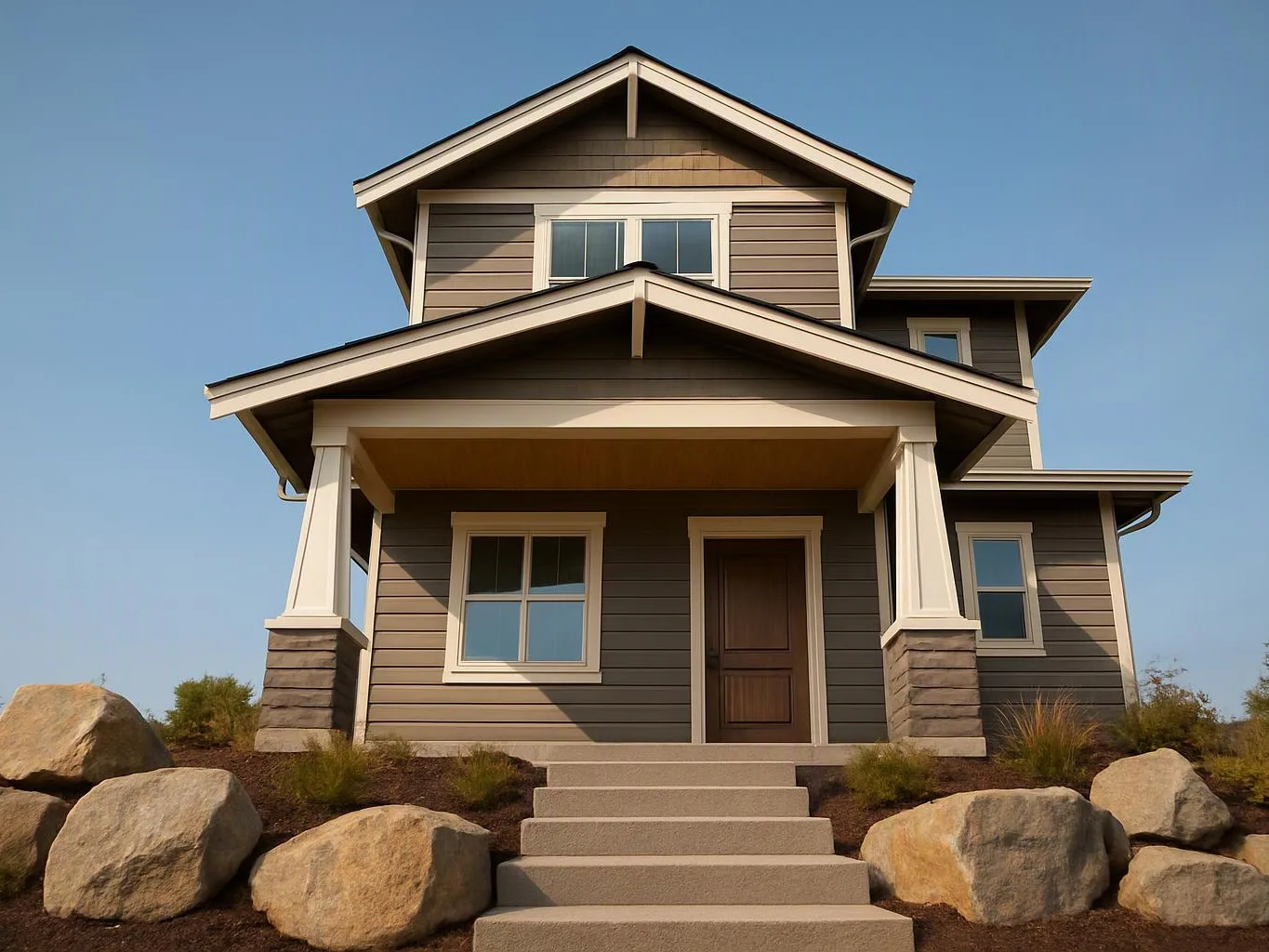A gray two-story house with a front porch and steps sits among large rocks under a clear blue sky
