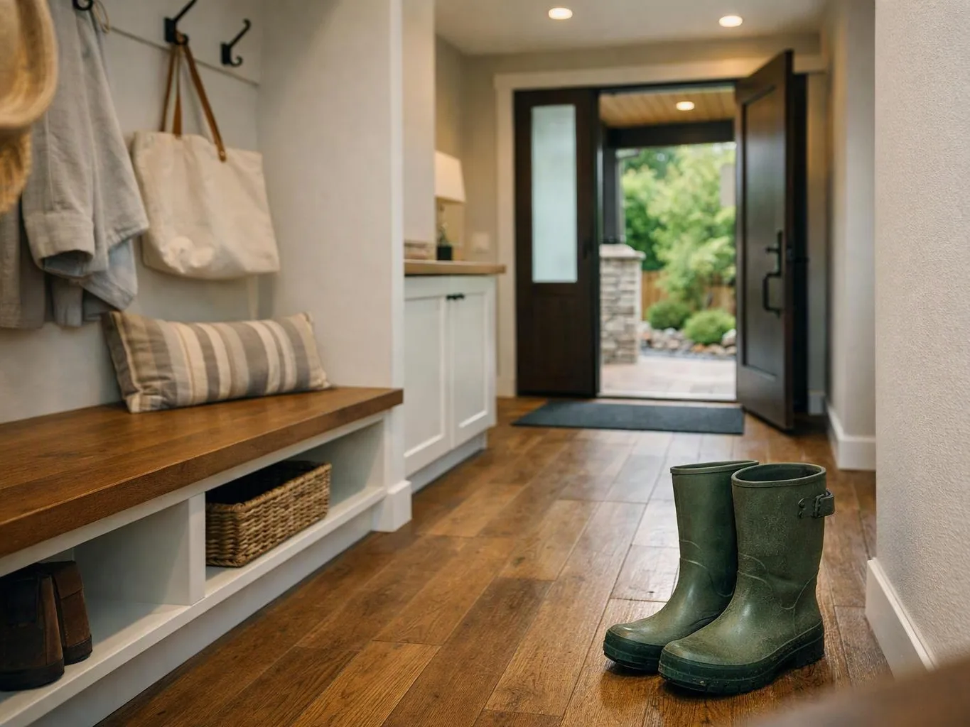 Green rain boots sit on a wooden entryway floor beside a bench and open front door