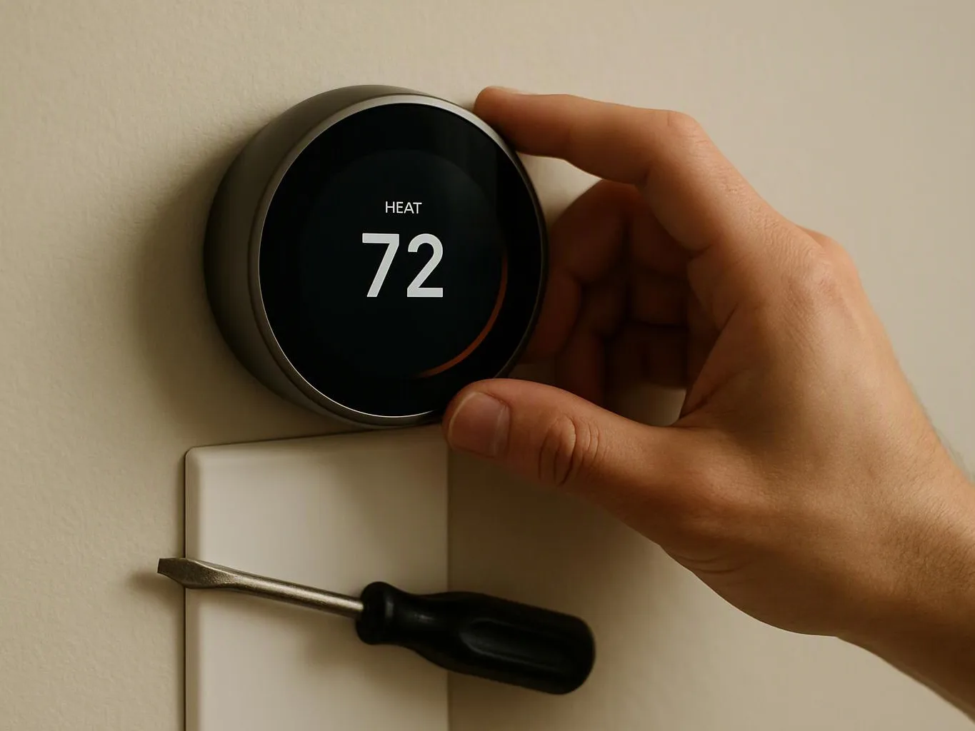 A hand adjusts a round digital thermostat showing 72 above a wall plate with a screwdriver below