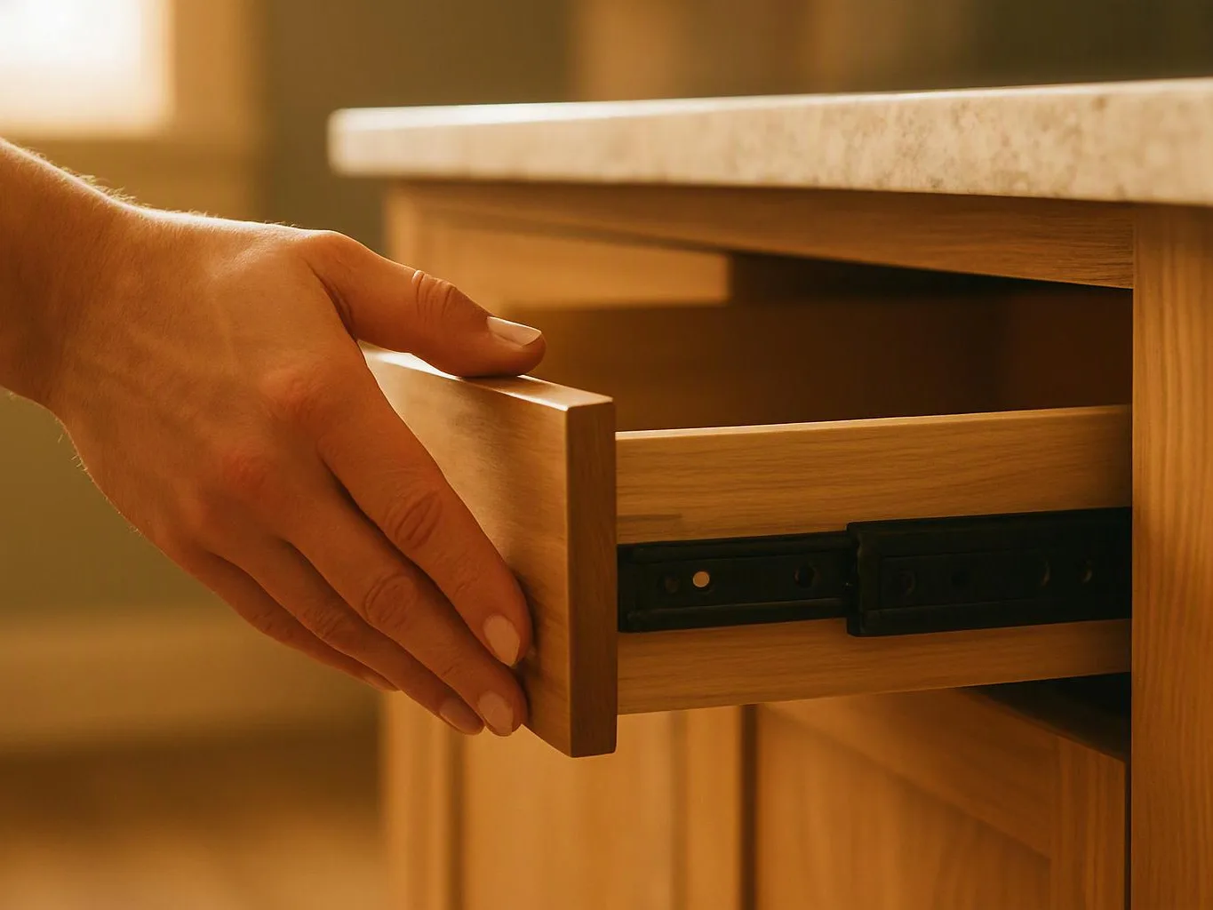 A hand closes a wooden drawer beside a stone-topped cabinet in warm light