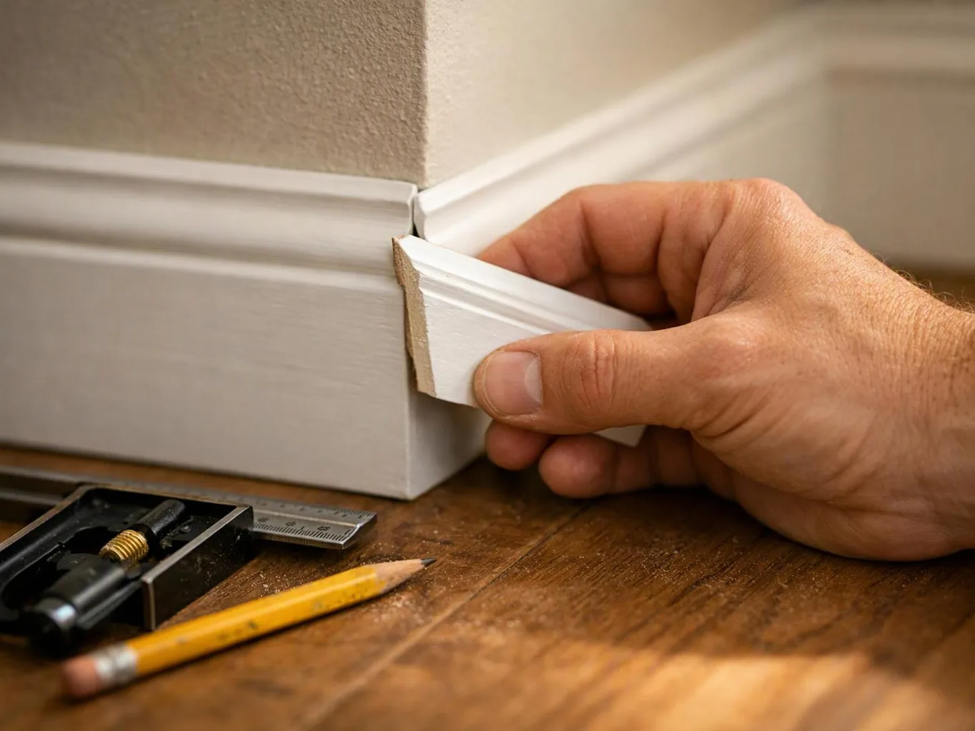A hand fits a white baseboard piece into a corner beside a wall on a wooden floor