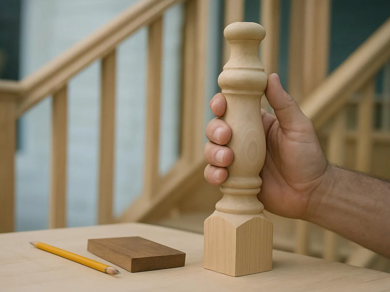 A hand grips a turned wooden baluster on a worktable beside a pencil and wood block