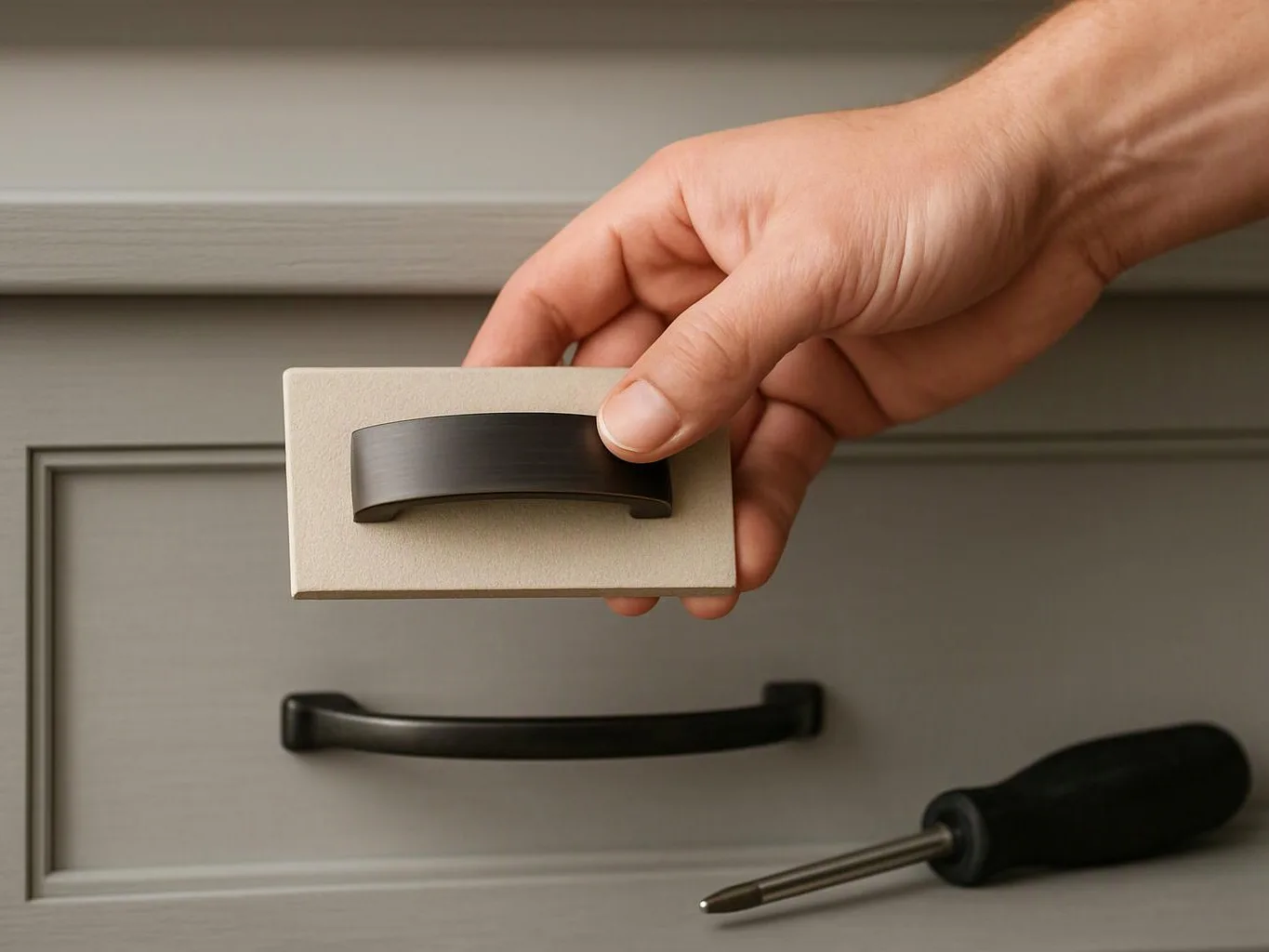 A hand holds a cabinet drawer handle sample above a gray drawer with matching hardware and a screwdriver nearby