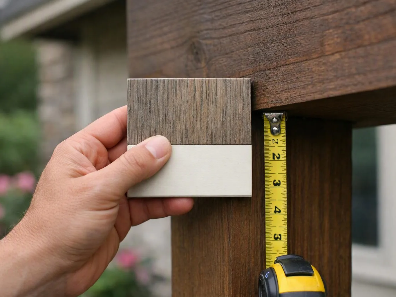 A hand holds a color sample beside a wooden post while a tape measure hangs vertically