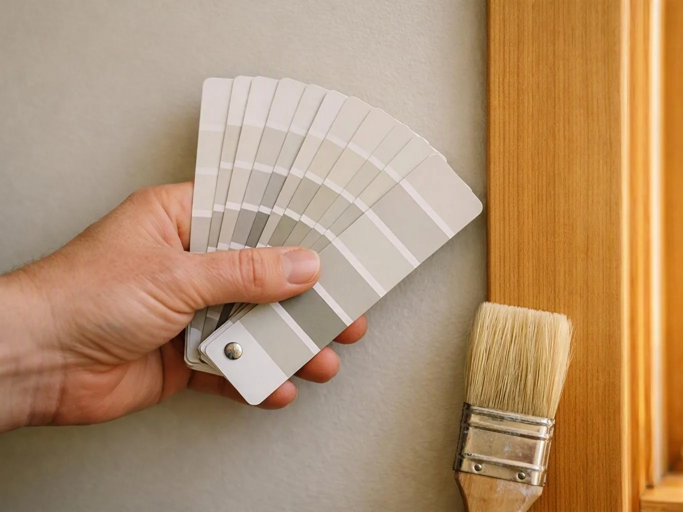 A hand holds gray paint swatches beside a brush and a wooden painted surface