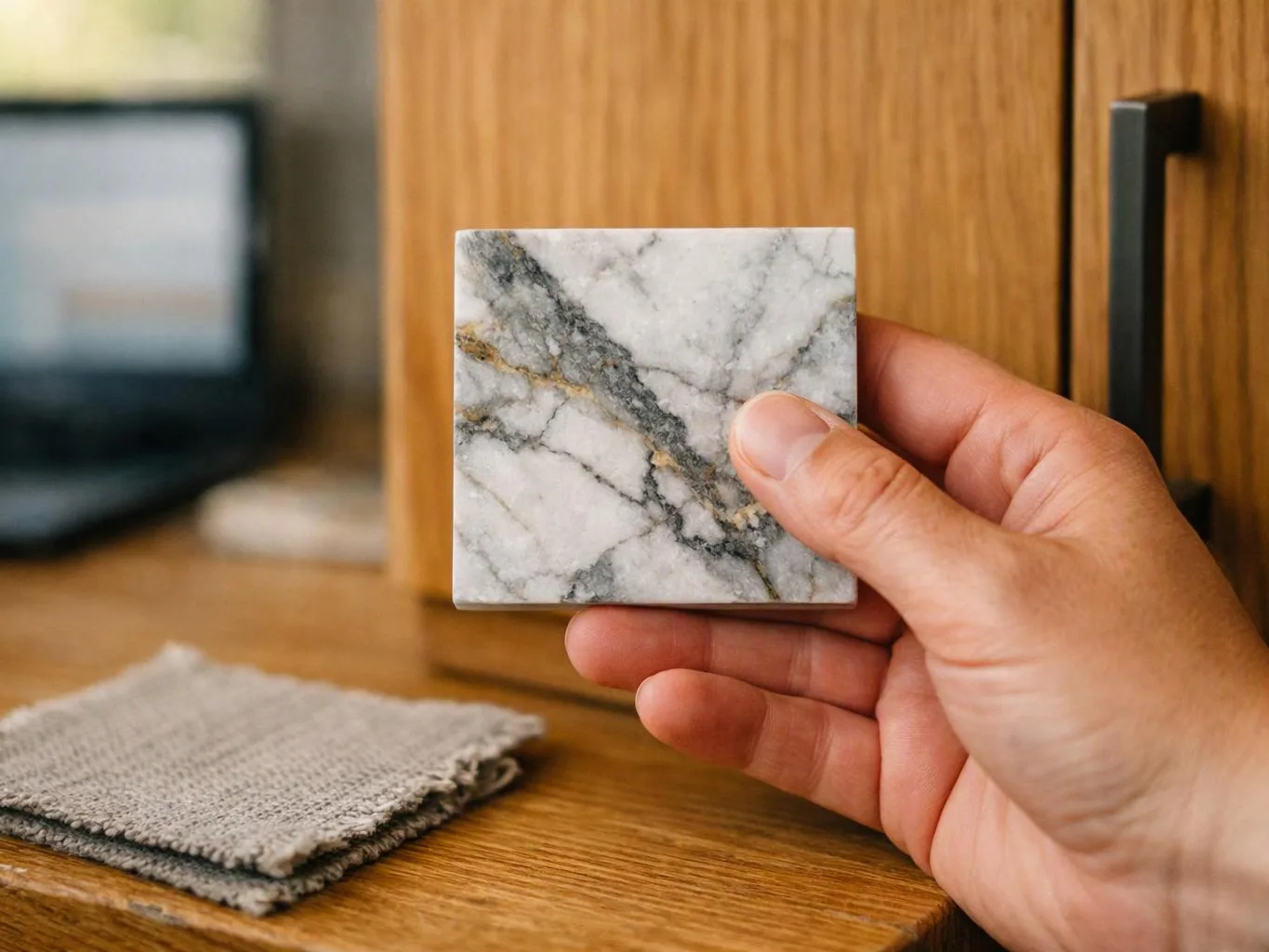 A hand holds a marble tile sample beside a wooden cabinet and folded fabric swatches