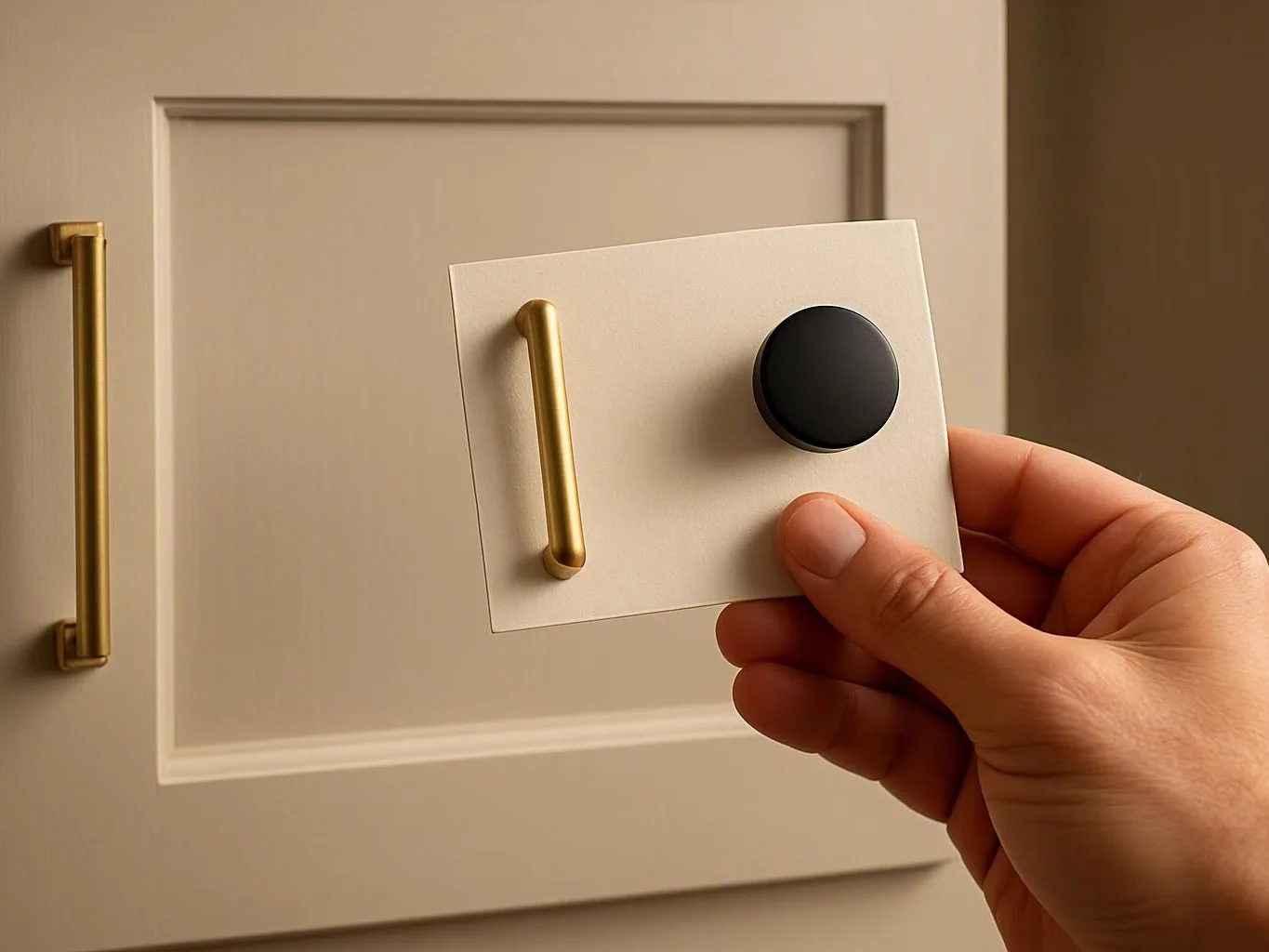 A hand holds a sample cabinet pull and knob in front of a beige cabinet door
