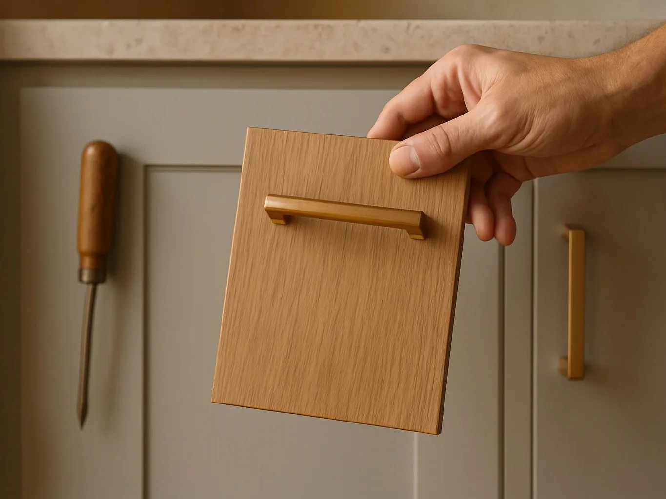 A hand holds a small wooden cabinet handle sample in front of gray drawers with matching pulls