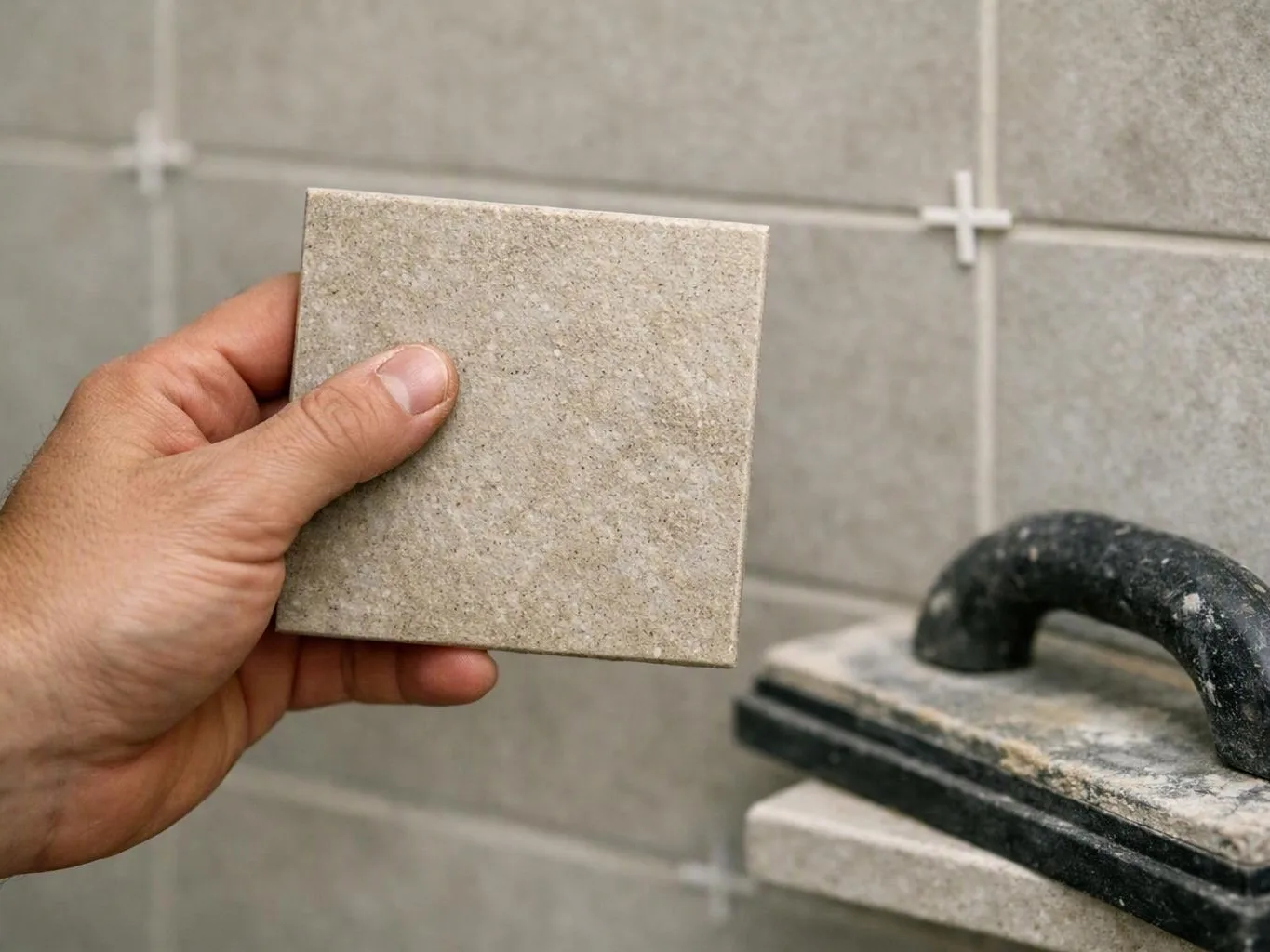 A hand holds a square beige tile beside a tiled wall and a dusty grout float