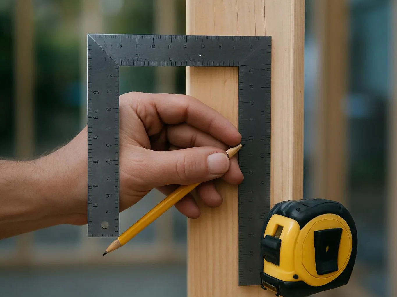 A hand marks a wooden post with a pencil using a metal square and a tape measure nearby
