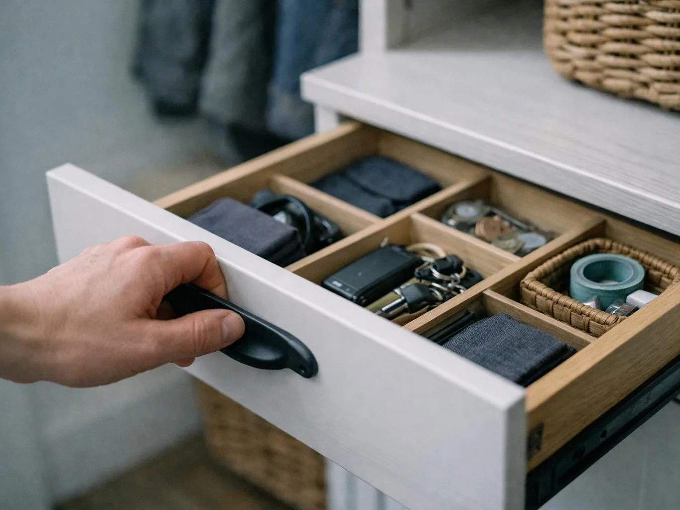 A hand opens a drawer of divided organizer trays holding keys, coins, wallets, and small items