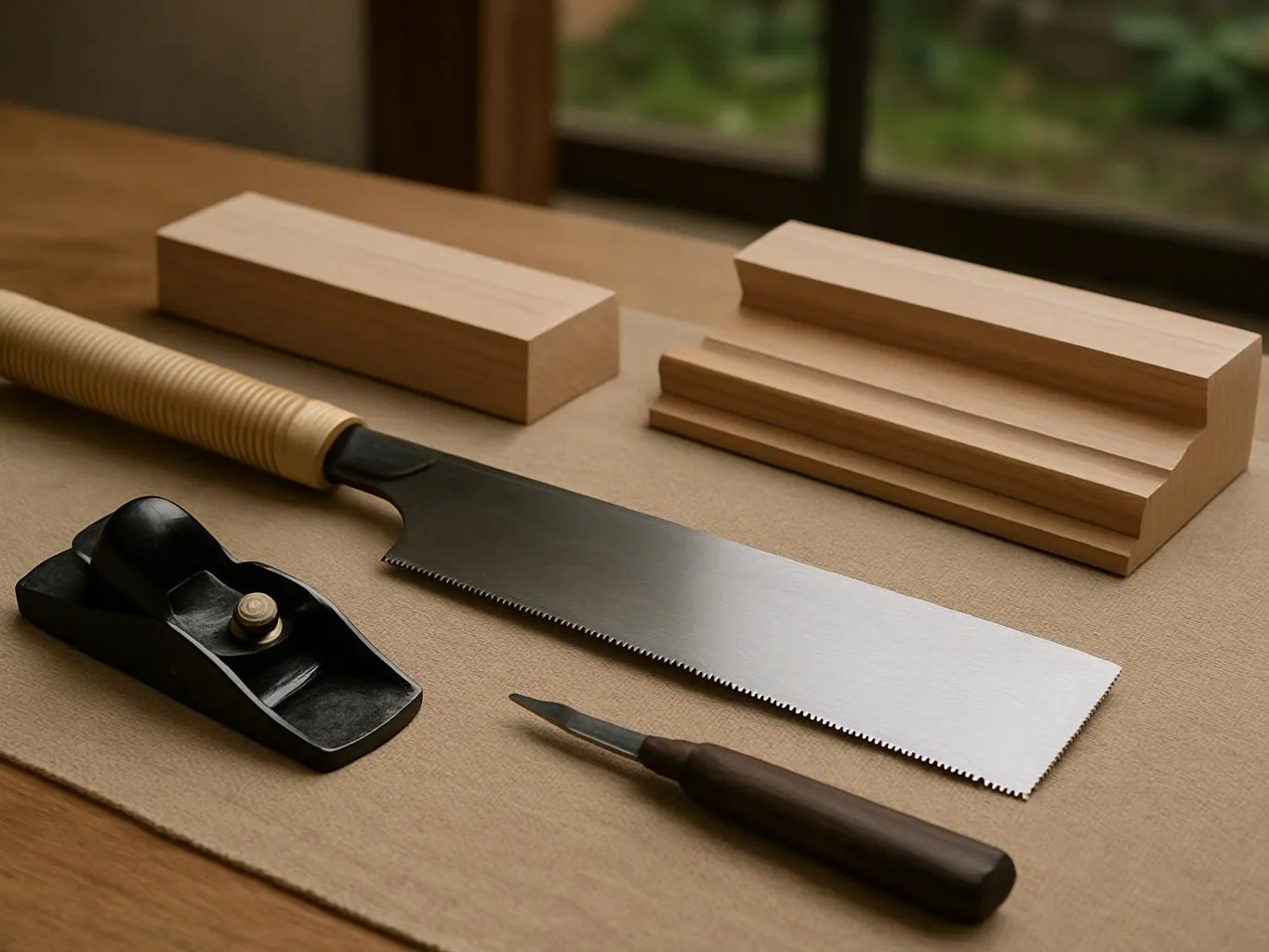 Hand saw, wood blocks, and a chisel rest on a workbench near a window