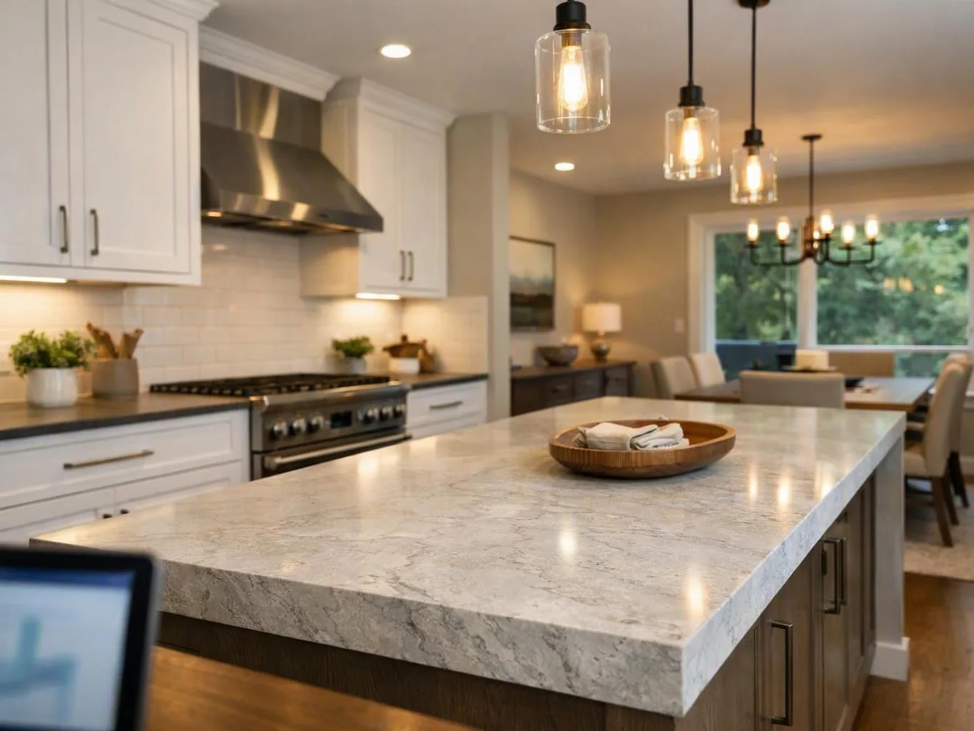 A bright modern kitchen shows a large marble island, pendant lights, white cabinets, and a dining area by the window