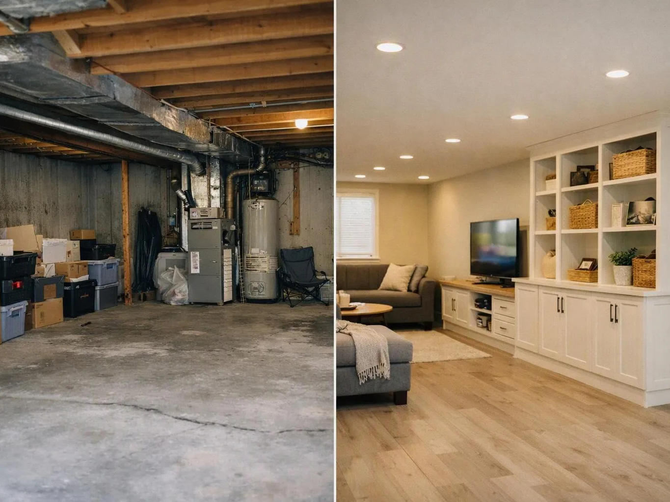Split image shows a cluttered unfinished basement beside a bright renovated family room with built-in cabinets and a sofa