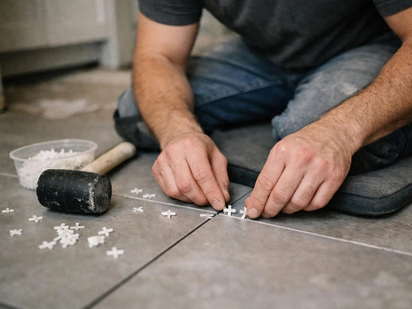 A kneeling worker places white tile spacers along a gray floor tile seam beside a rubber mallet