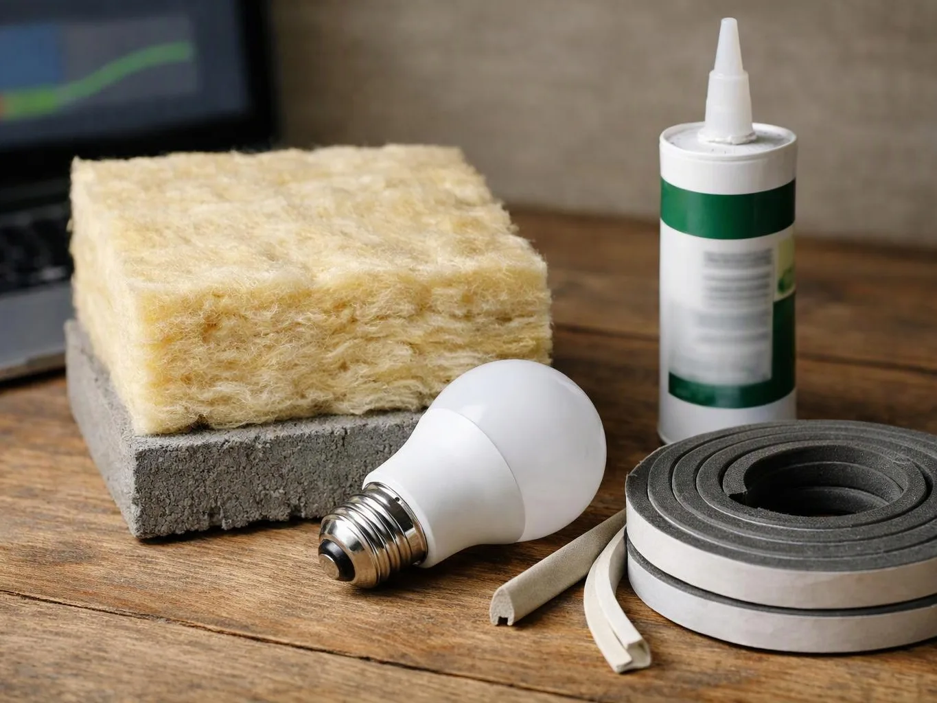 A LED bulb, insulation block, caulk tube, and rolled weatherstripping sit on a wooden table