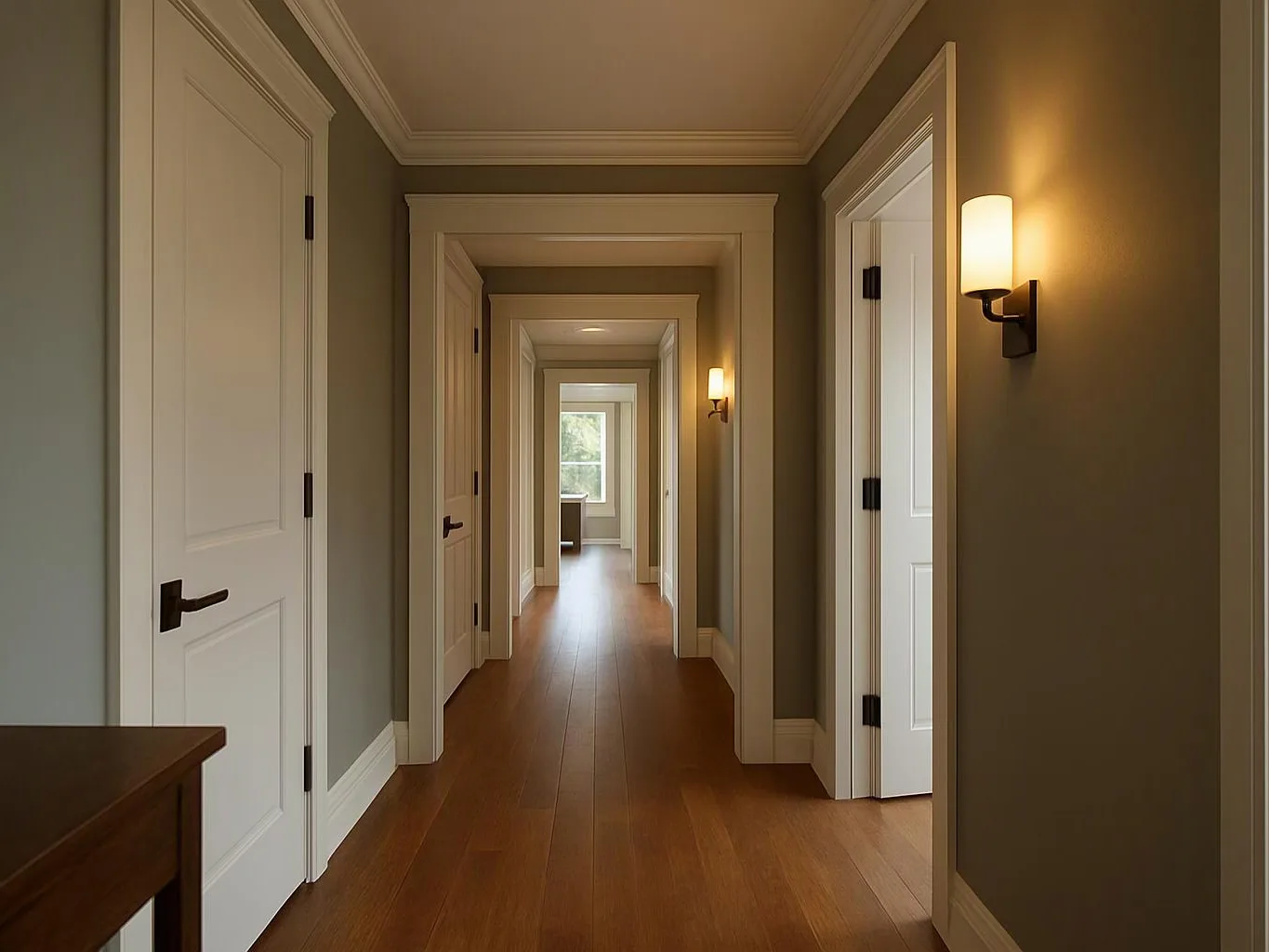 A long empty hallway with white doors, wall sconces, and wood floors leads to a bright window