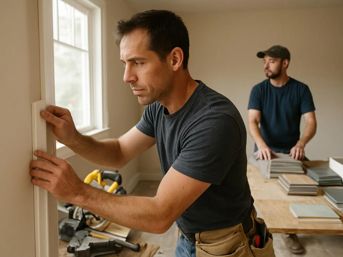A man adjusts a window frame while another man sorts stacked flooring samples in a bare room