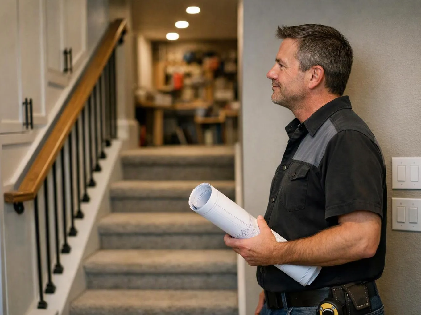 A man in a black work shirt holds rolled blueprints beside a carpeted staircase indoors