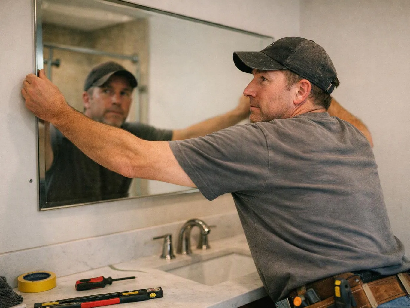 A man in a cap adjusts a wall mirror above a bathroom sink, with tools on the counter