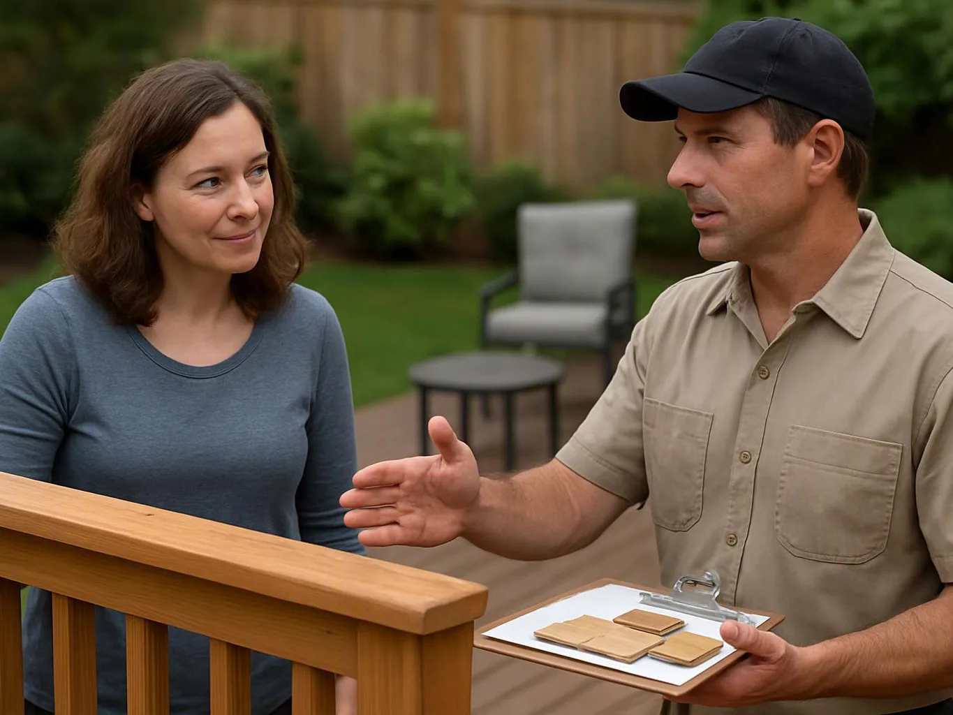 A man in a cap explains a clipboard to a woman beside a wooden deck railing in a backyard