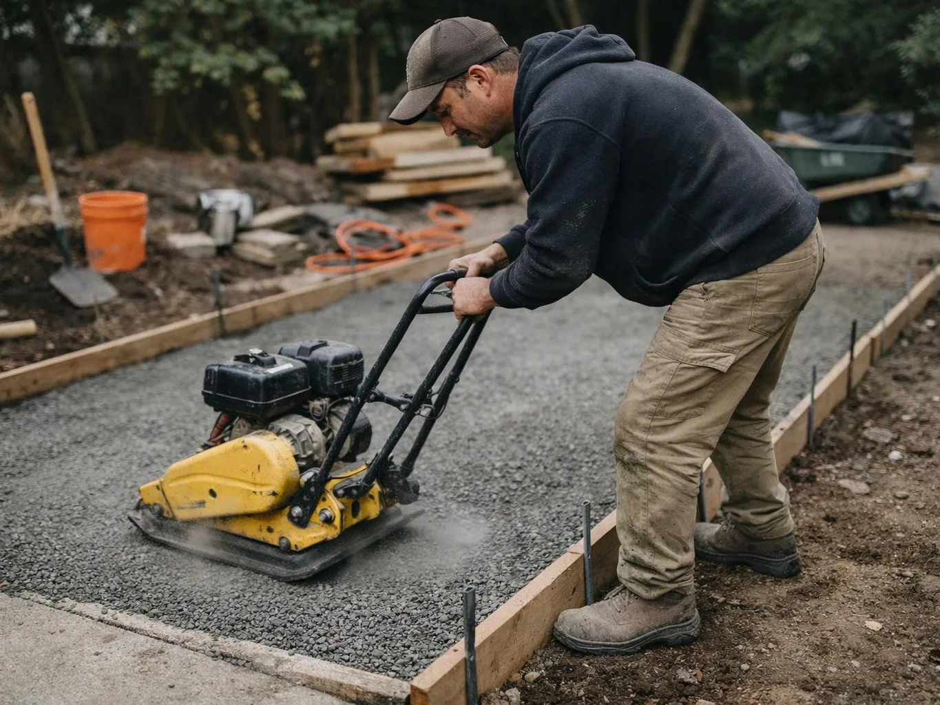 A man in a cap operates a yellow plate compactor on a gravel path at a work site