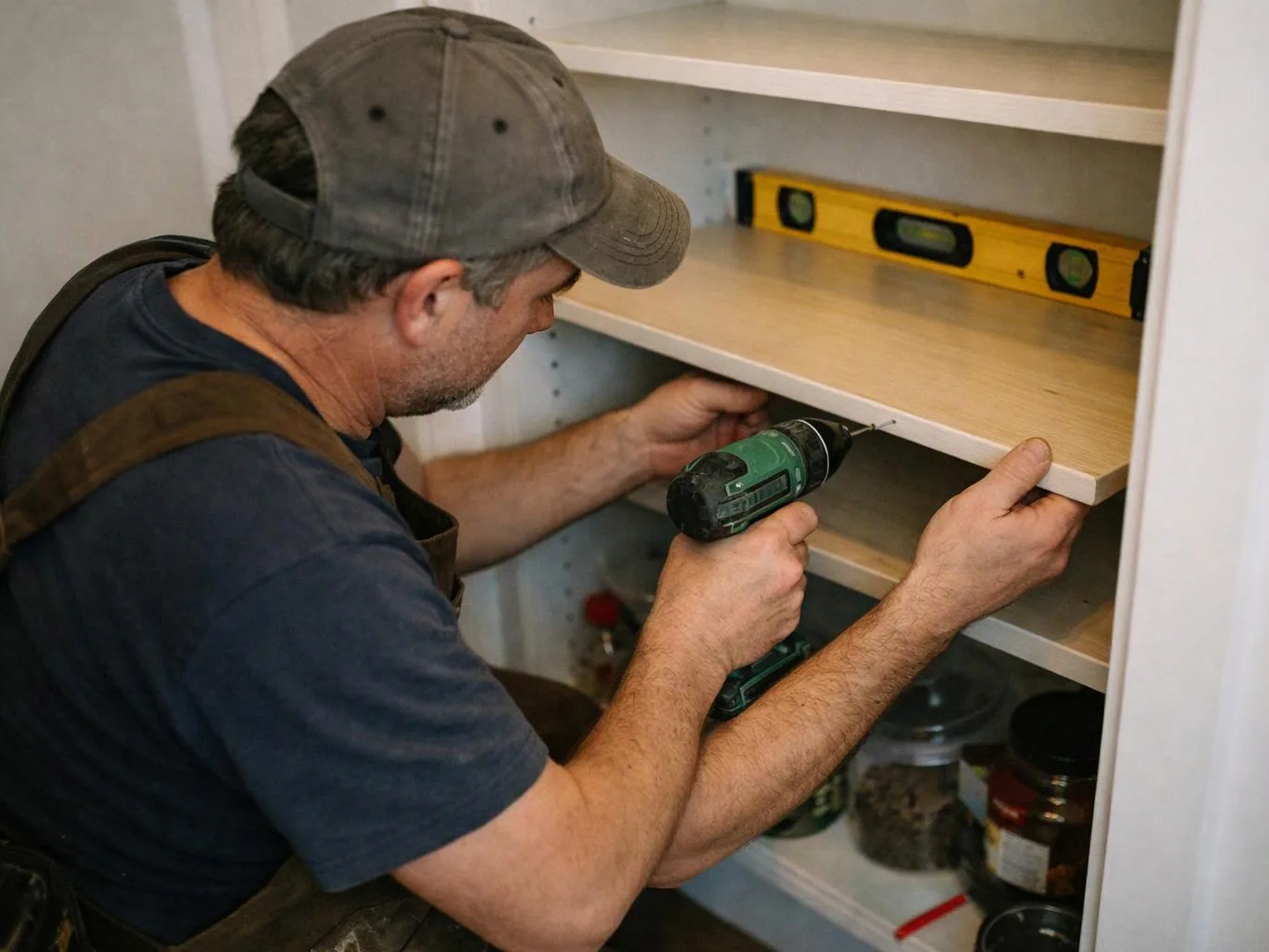A man in a cap uses a drill to install a shelf inside a cabinet
