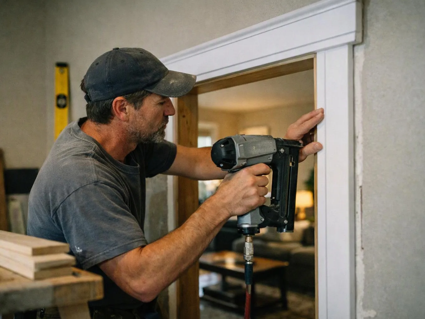 A man in a cap uses a nail gun to fasten white trim around a doorway indoors