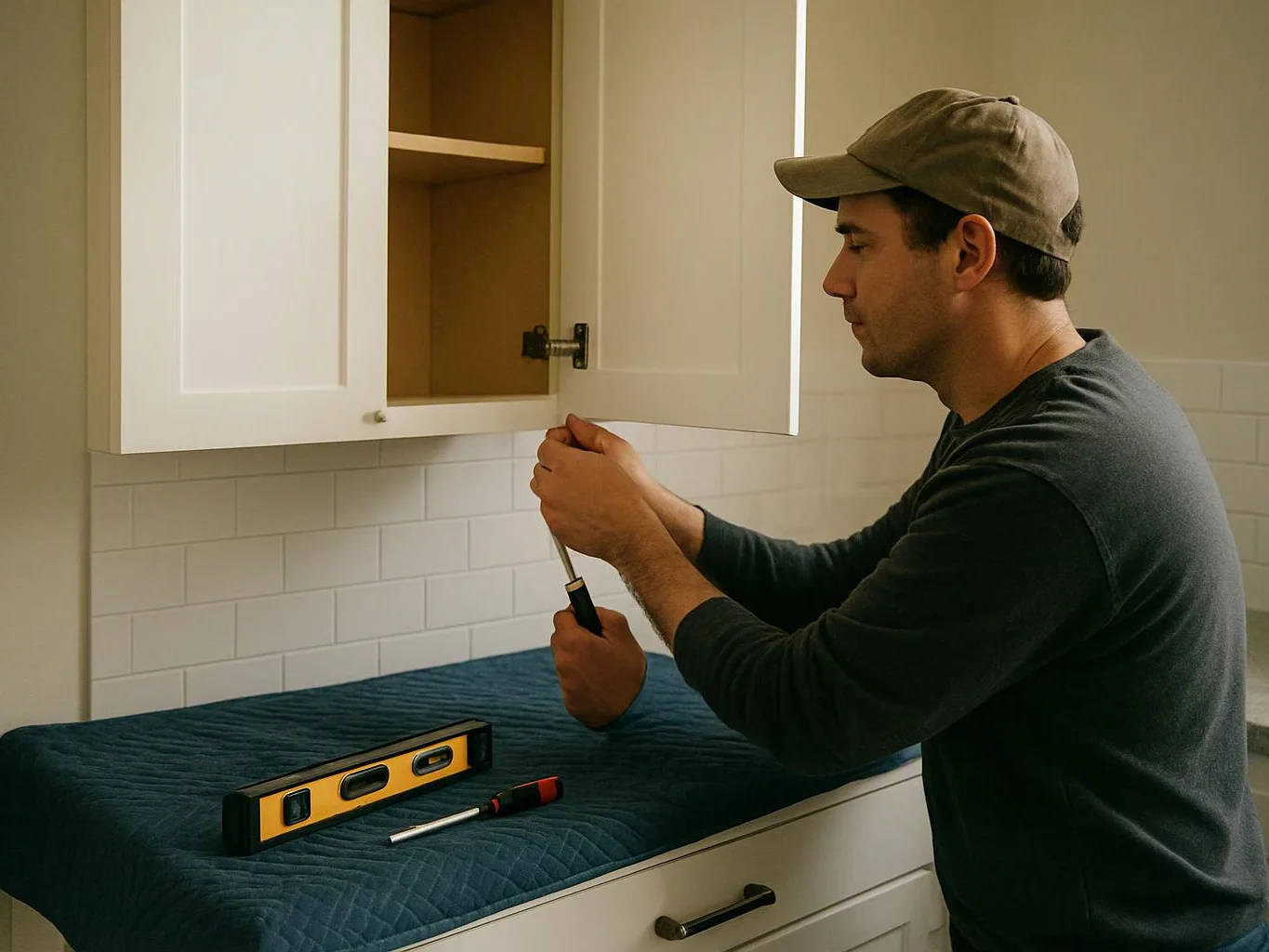 A man in a cap uses a screwdriver to work inside an open kitchen cabinet beside a level and another tool