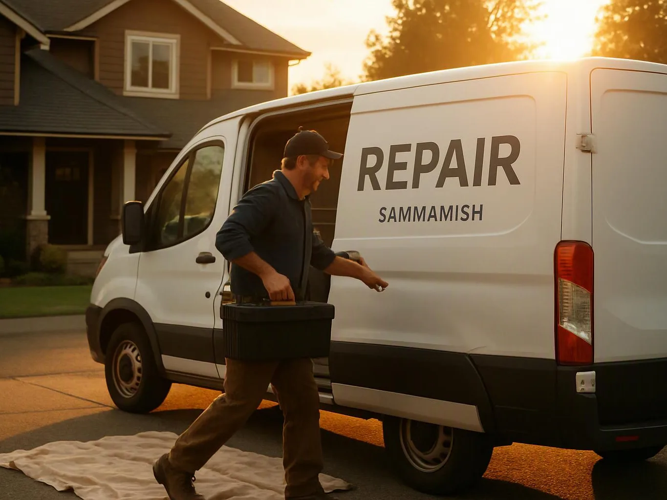 A man in a cap walks beside a white repair van parked on a suburban street at sunset