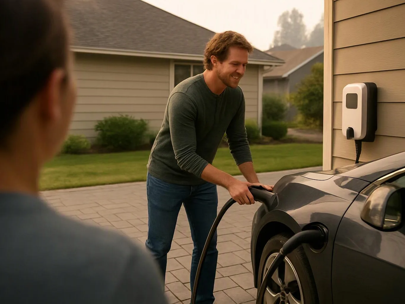 A man charges an electric car in a driveway while another person watches from the foreground
