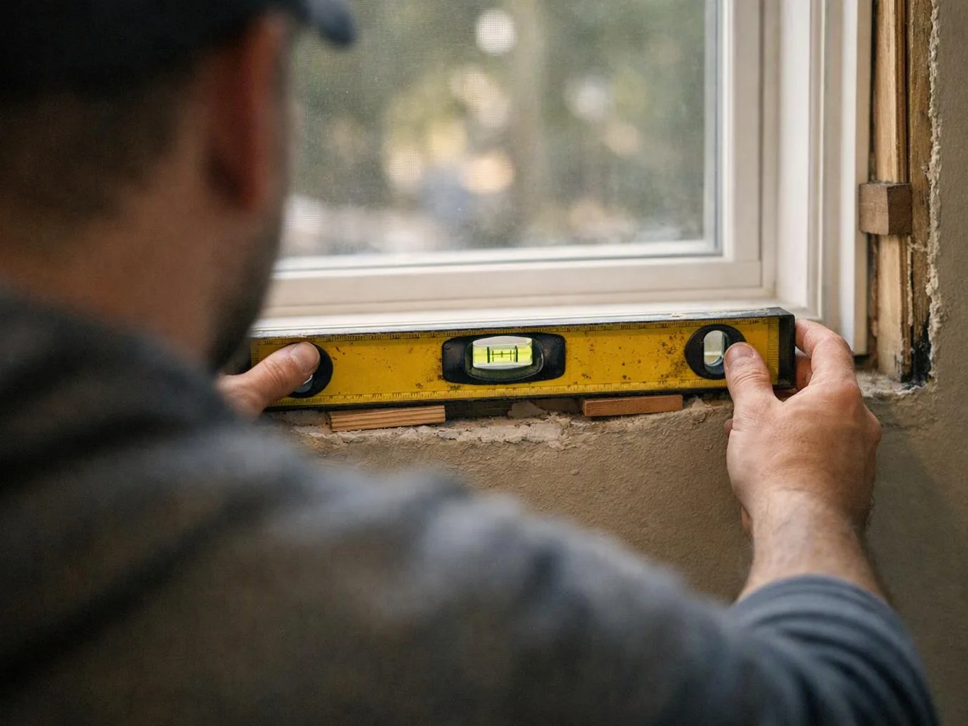 A man checks a window frame with a yellow level while working on an unfinished wall