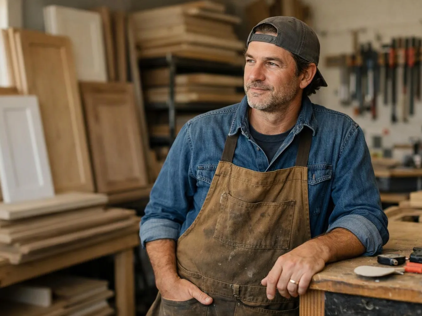 A man in a denim shirt and apron stands in a woodworking shop beside stacked boards and tools