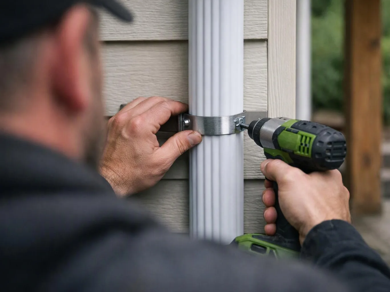 A man drills a metal strap onto a white downspout against house siding