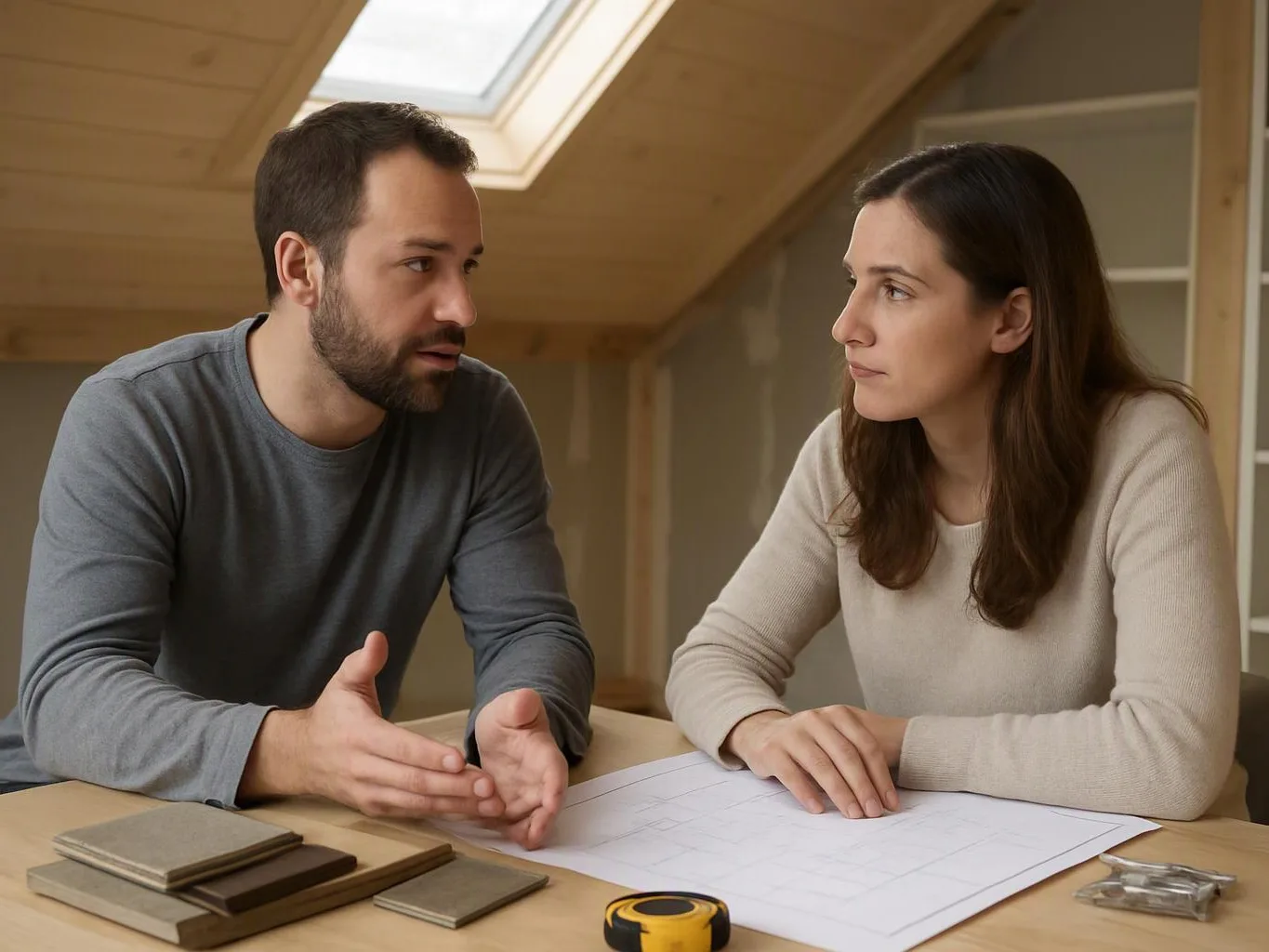 A man gestures while talking to a woman across a table with floor plans and samples in a bright attic room