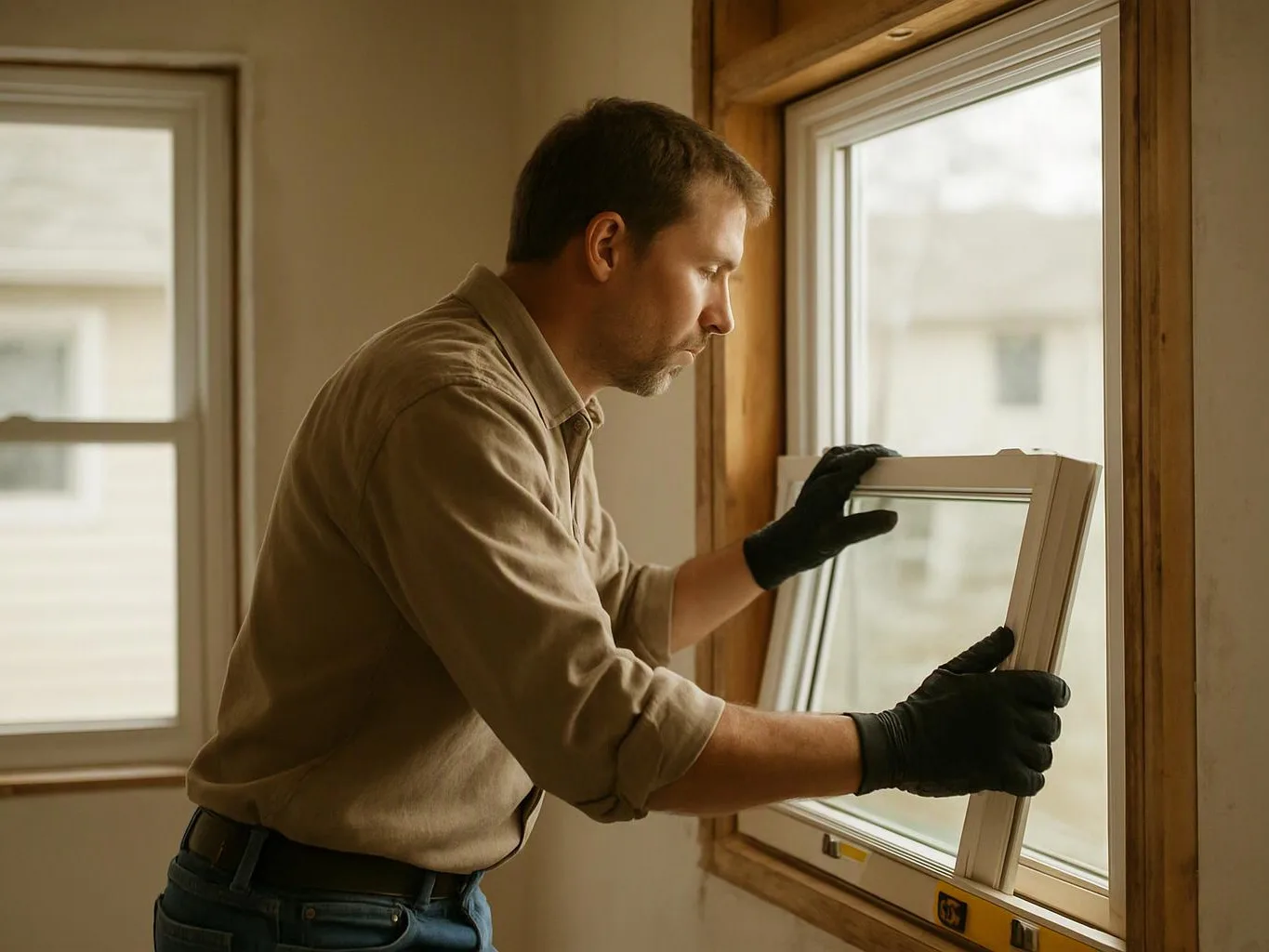 A man in gloves installs a window frame inside a warmly lit room