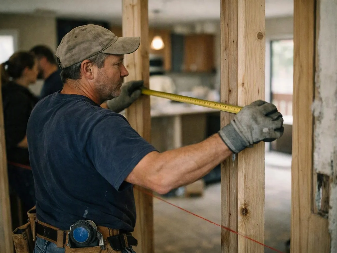 A man in gloves measures wooden wall studs with a tape measure inside a house under construction
